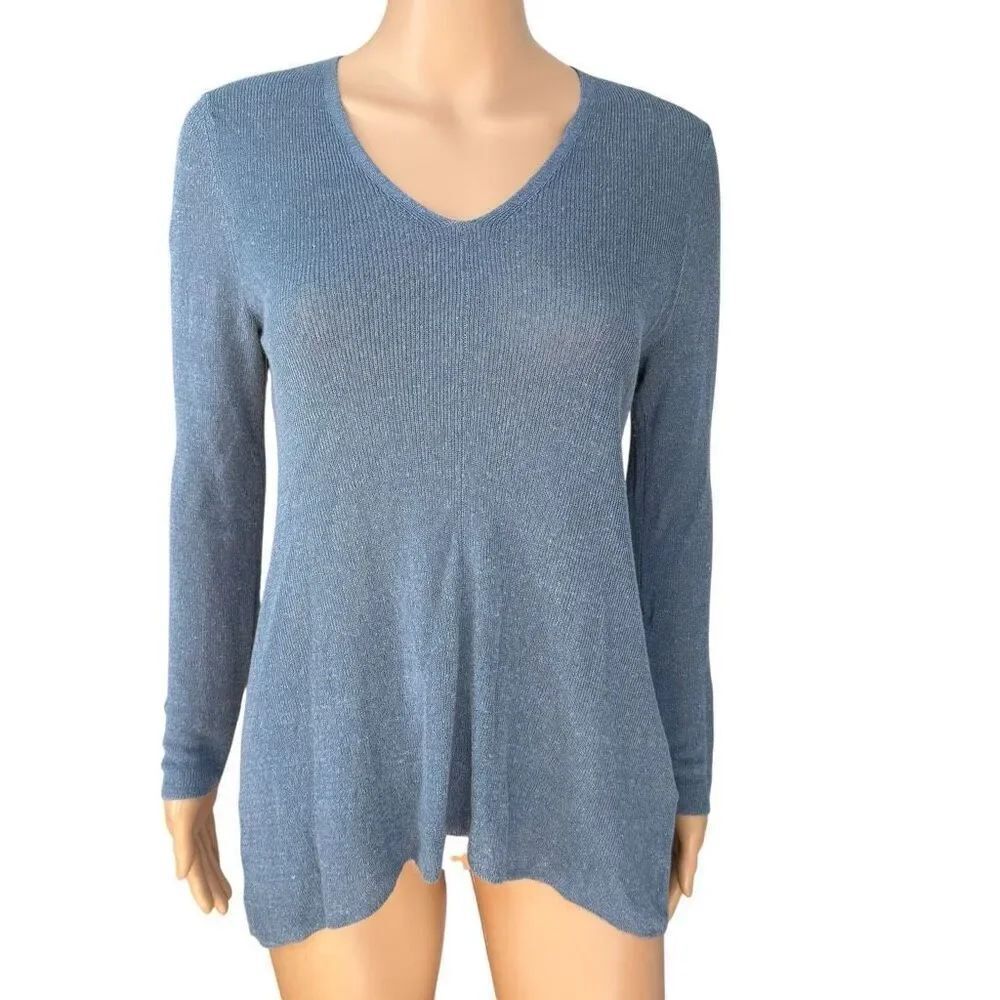 Eileen Fisher Organic Linen Blend Knit V-Neck Sweater Blue size S petite